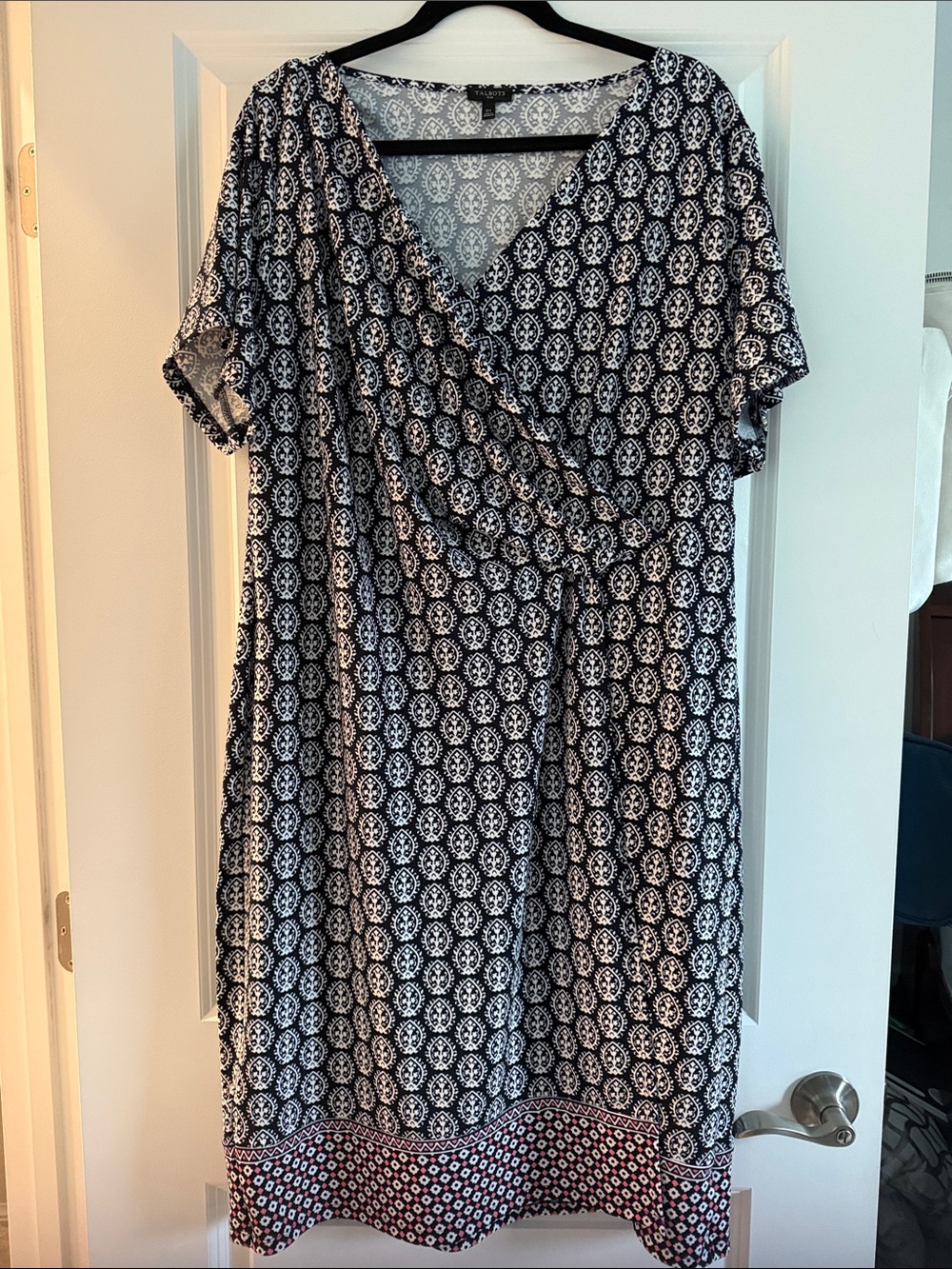 Talbots Navy and White Patterned Wrap-Style Dress with Contrasting Hem